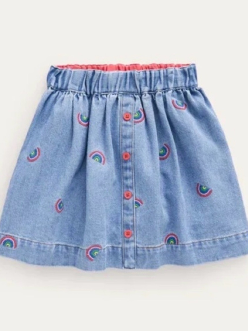 Mini Boden Denim Skirt with Rainbow Embroidery and Pink Buttons
